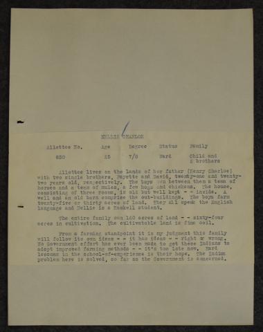 Preliminary Quapaw Agency Industrial Survey of Nellie Charloe, ca. 1924