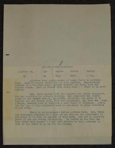 Preliminary Quapaw Agency Industrial Survey of Susanna Young Daugherty, ca. 1924. Preliminary Quapaw Agency Industrial Survey of Susanna Young Daugherty, ca. 1924.