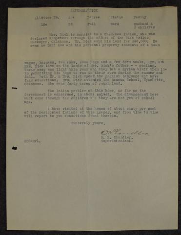 Preliminary Quapaw Agency Industrial Survey of Saphrona Dick, ca. 1924 Preliminary Quapaw Agency Industrial Survey of Saphrona Dick, ca. 1924