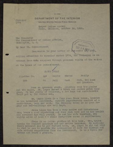 Letter, showing an example of an Industrial Survey regarding James Logan