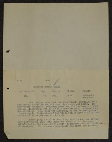 Preliminary Quapaw Agency Industrial Survey of Carolina Spicer Logan, ca. 1924 Preliminary Quapaw Agency Industrial Survey of Carolina Spicer Logan, ca. 1924