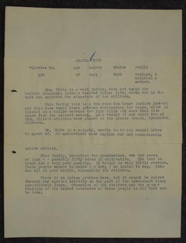 Preliminary Quapaw Agency Industrial Survey of Amanda White, ca. 1924