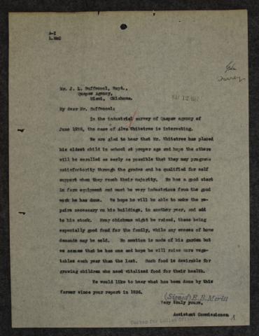 Letter, from the Office of Indian Affairs regarding the 1926 Industrial Survey of Alva Whitetree Letter, from the Office of Indian Affairs regarding the 1926 Industrial Survey of Alva Whitetree